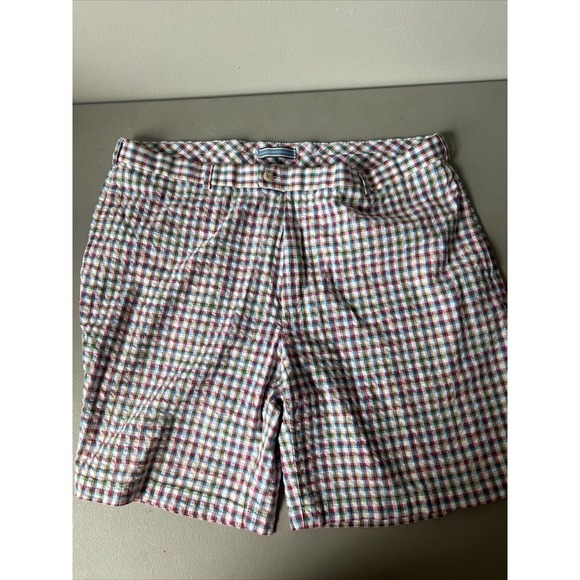 Peter Millar Crown Sport Shorts Men's 42 Pink Blue White Plaid Seersucker Chino - Picture 2 of 4